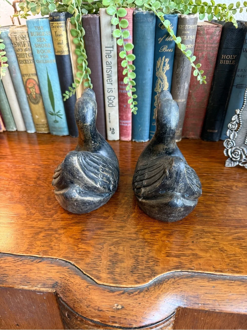 Vintage MCM Swan Figurine Pair • Black Matte with Gold Accent